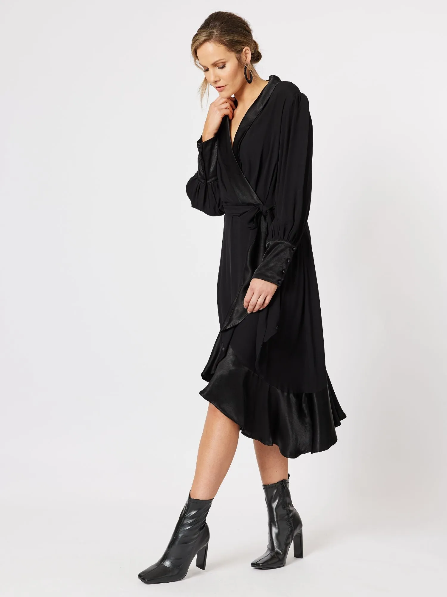 Tuxedo Satin Wrap Dress - Black