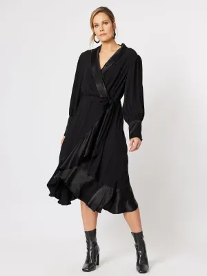 Tuxedo Satin Wrap Dress - Black