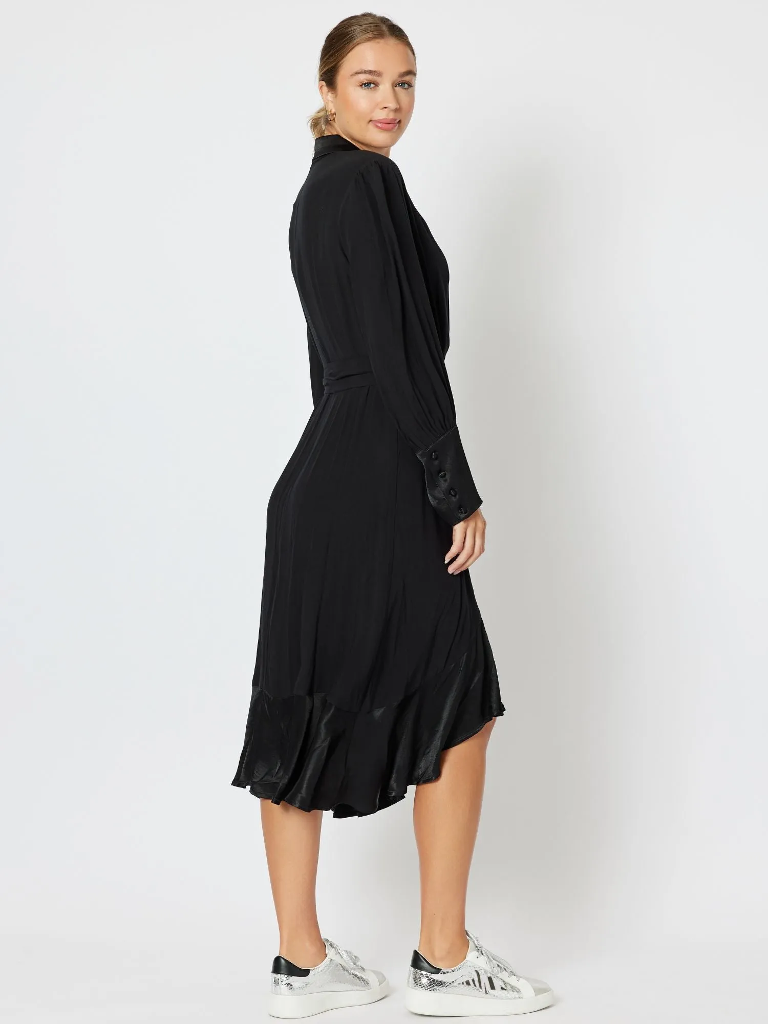 Tuxedo Satin Wrap Dress - Black