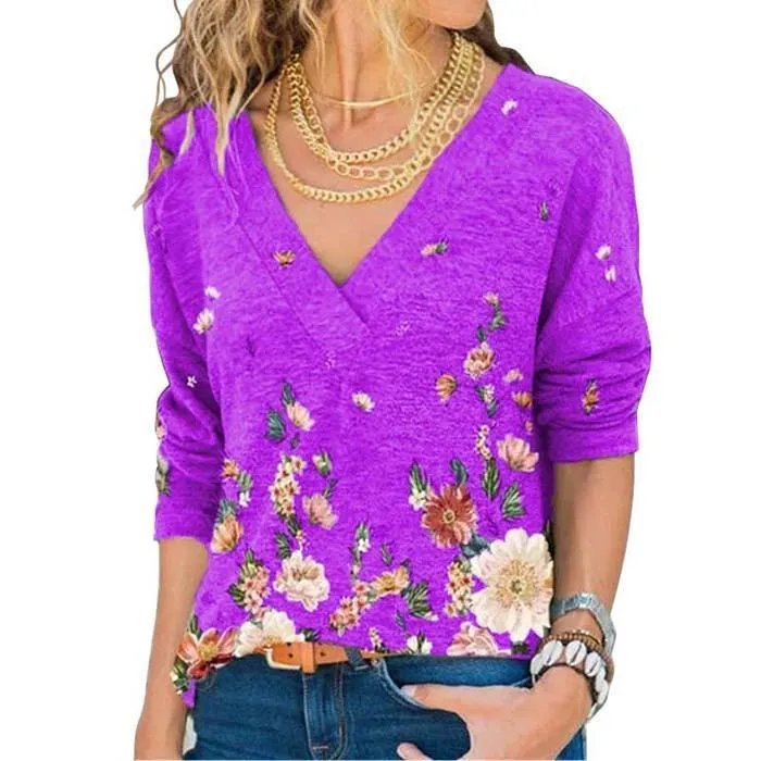 Woman Vintage Floral Print V Neck Long Sleeve Loose Fit Tops