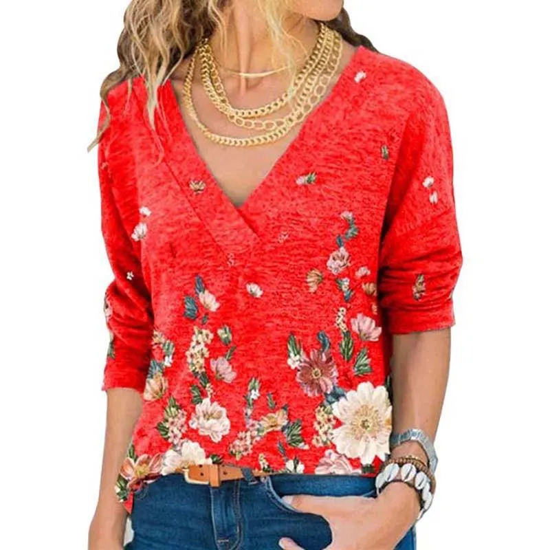 Woman Vintage Floral Print V Neck Long Sleeve Loose Fit Tops