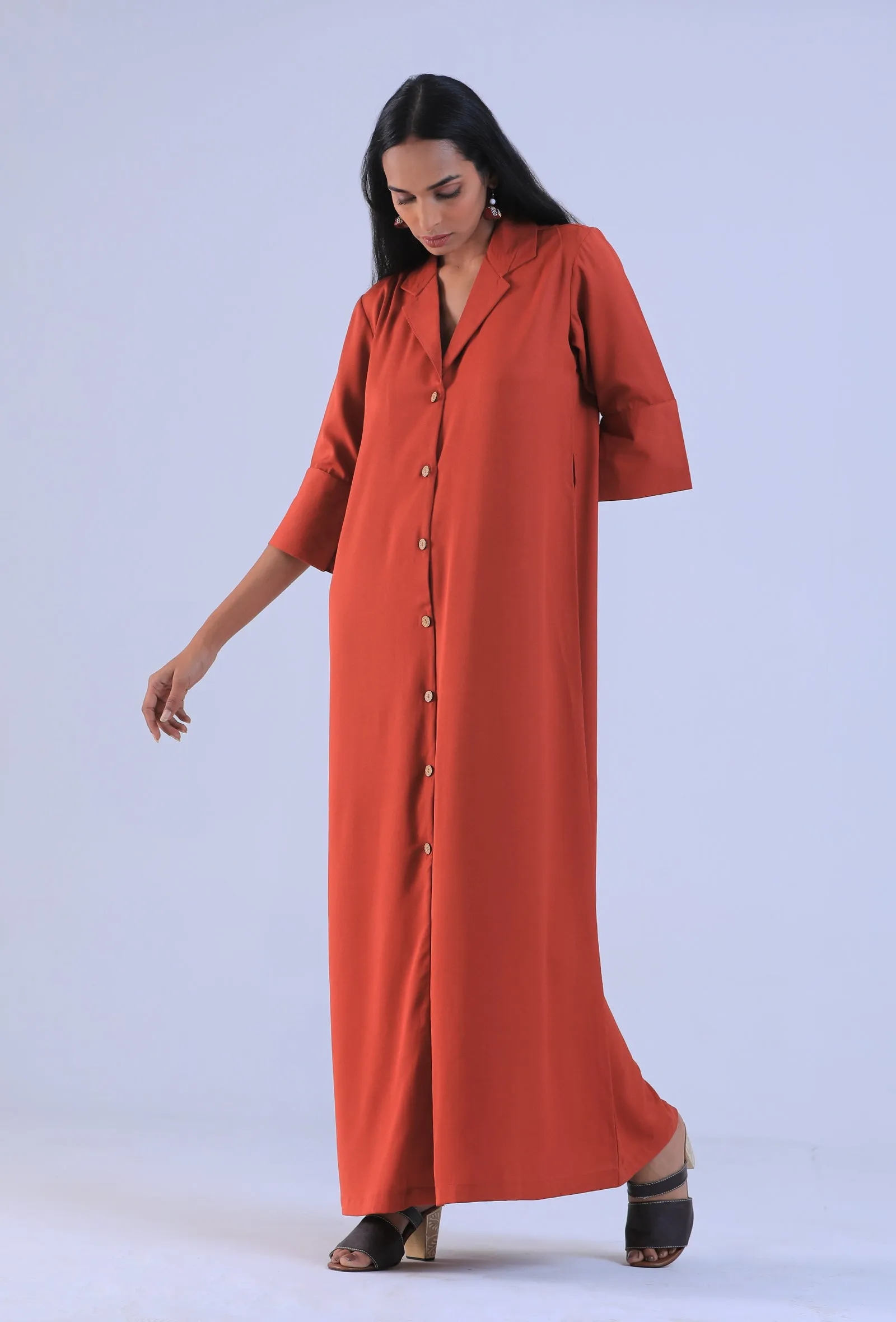 Women Orange Cotton Shirt Collar Straight Fit Dresses