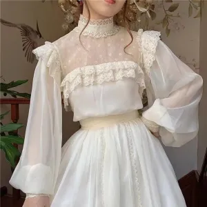 Women's Mock Neck Lantern Sleeve Ruffle Detail Lace Dress