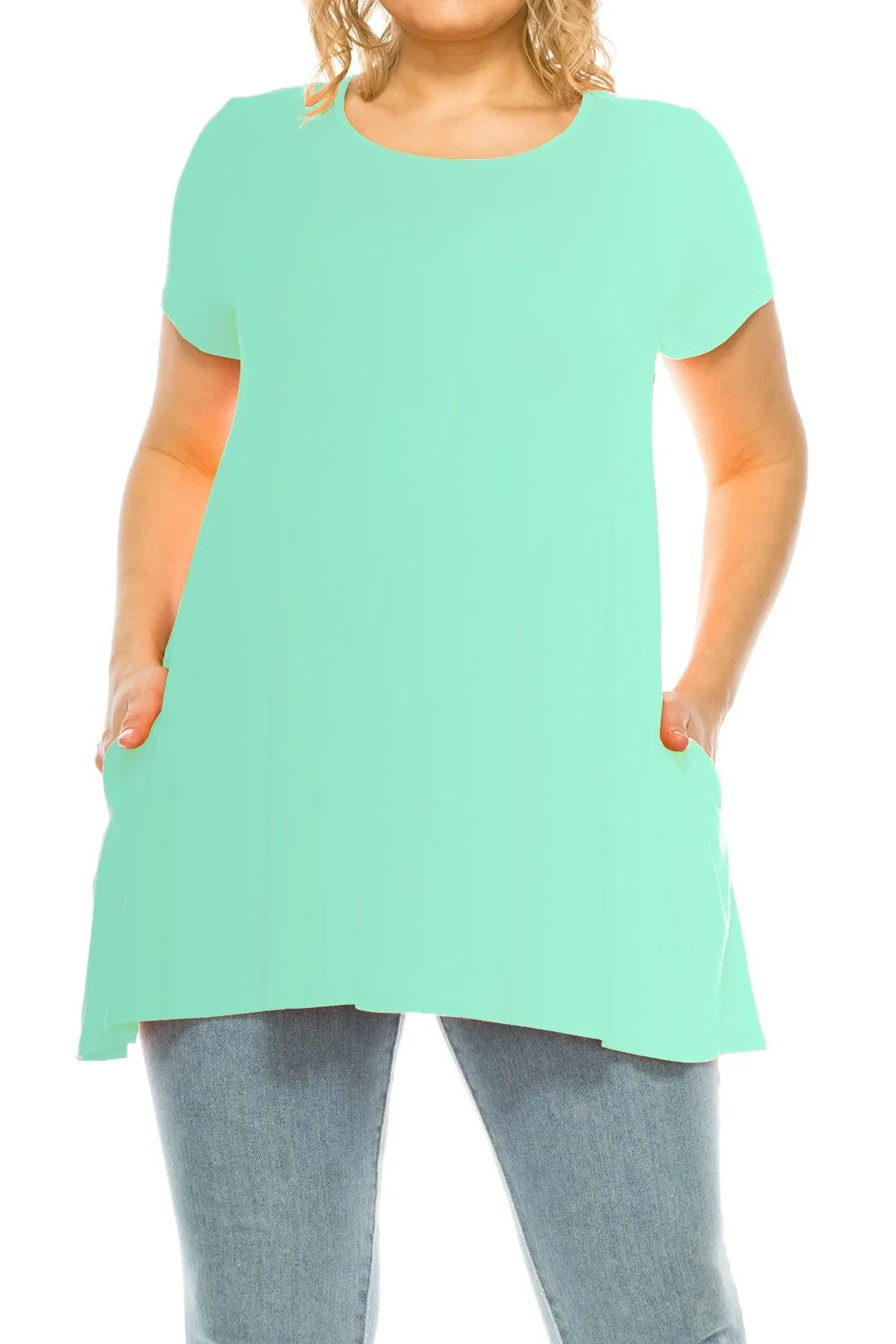 Women's Plus Size Casual Solid Short Sleeve Round Neck Tunic Tops with Side Pockets