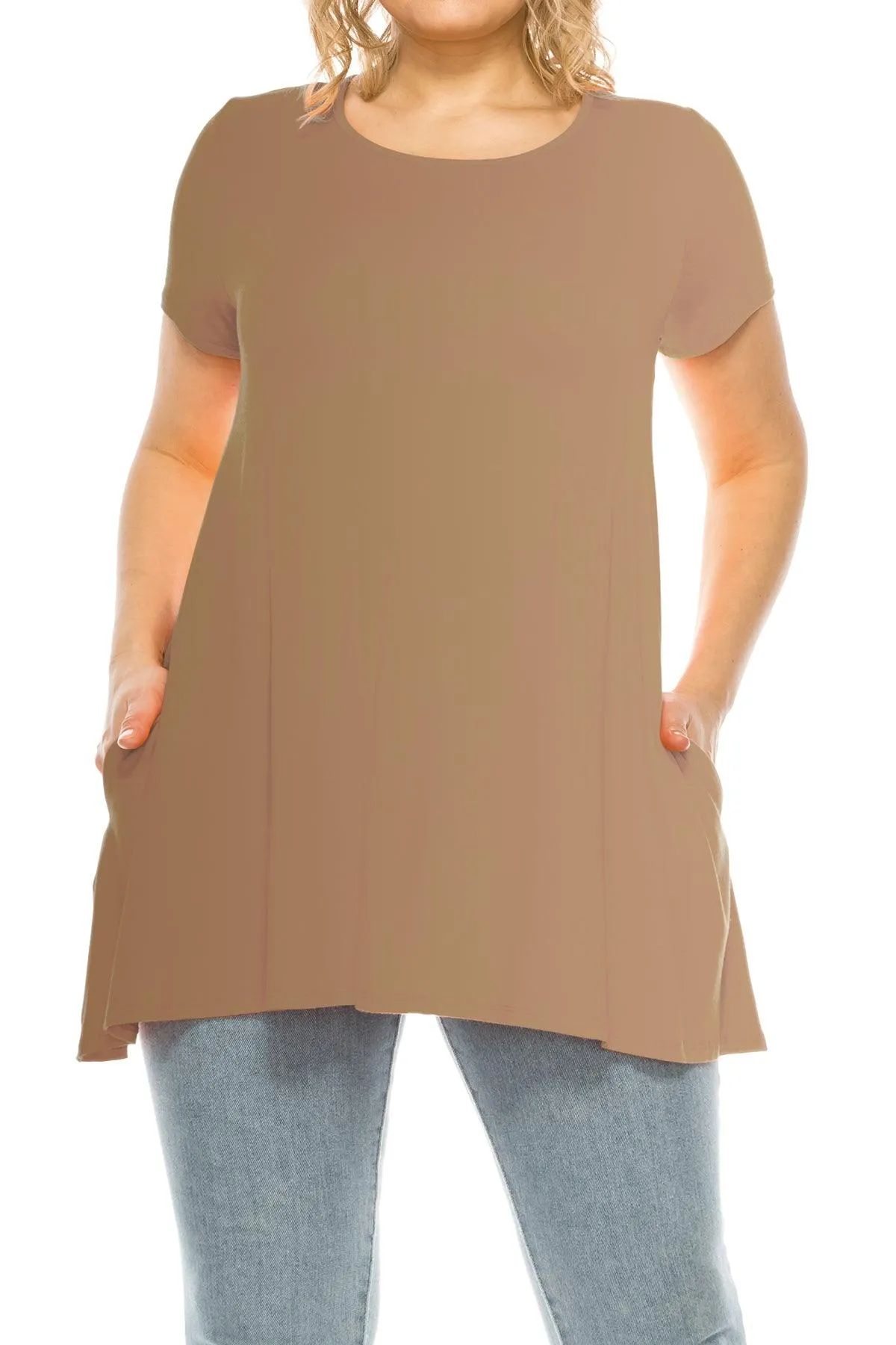 Women's Plus Size Casual Solid Short Sleeve Round Neck Tunic Tops with Side Pockets