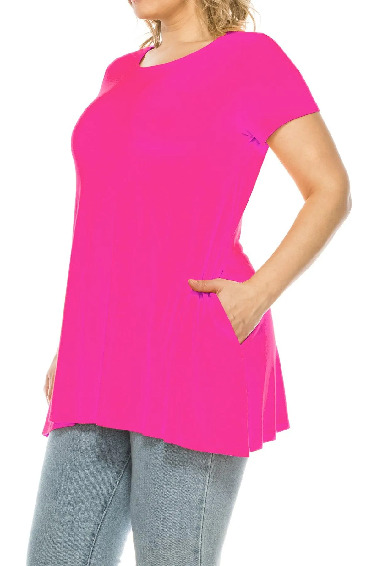 Women's Plus Size Casual Solid Short Sleeve Round Neck Tunic Tops with Side Pockets