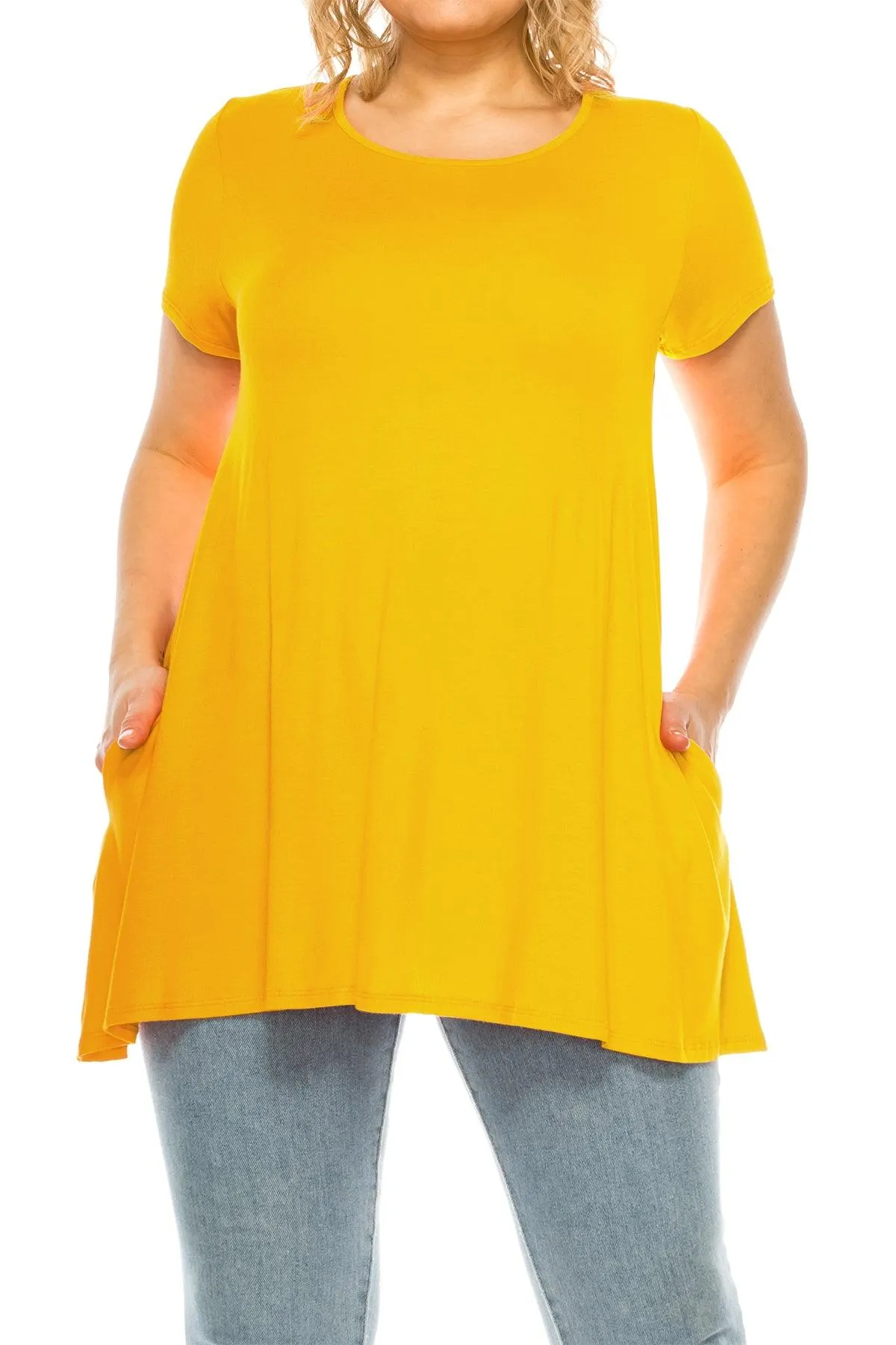 Women's Plus Size Casual Solid Short Sleeve Round Neck Tunic Tops with Side Pockets