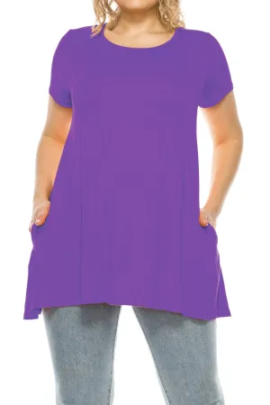 Women's Plus Size Casual Solid Short Sleeve Round Neck Tunic Tops with Side Pockets