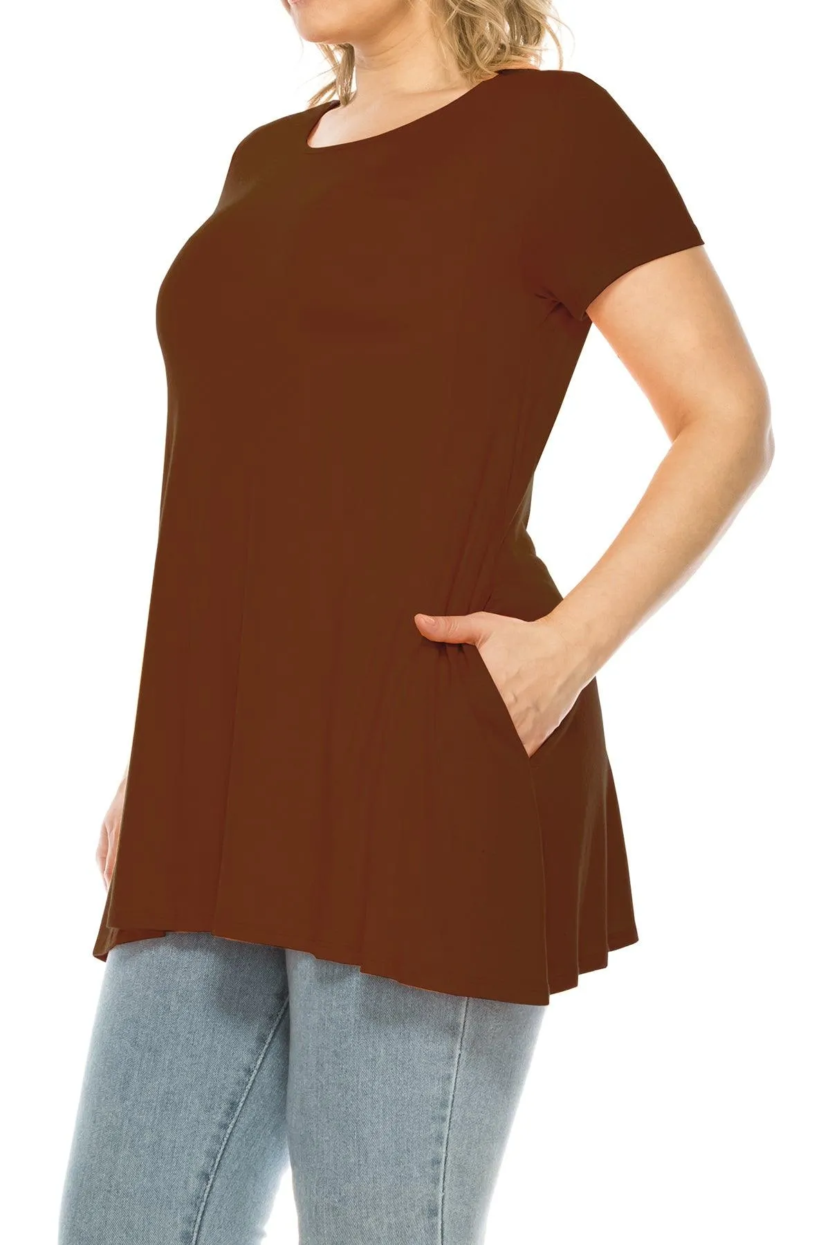 Women's Plus Size Casual Solid Short Sleeve Round Neck Tunic Tops with Side Pockets