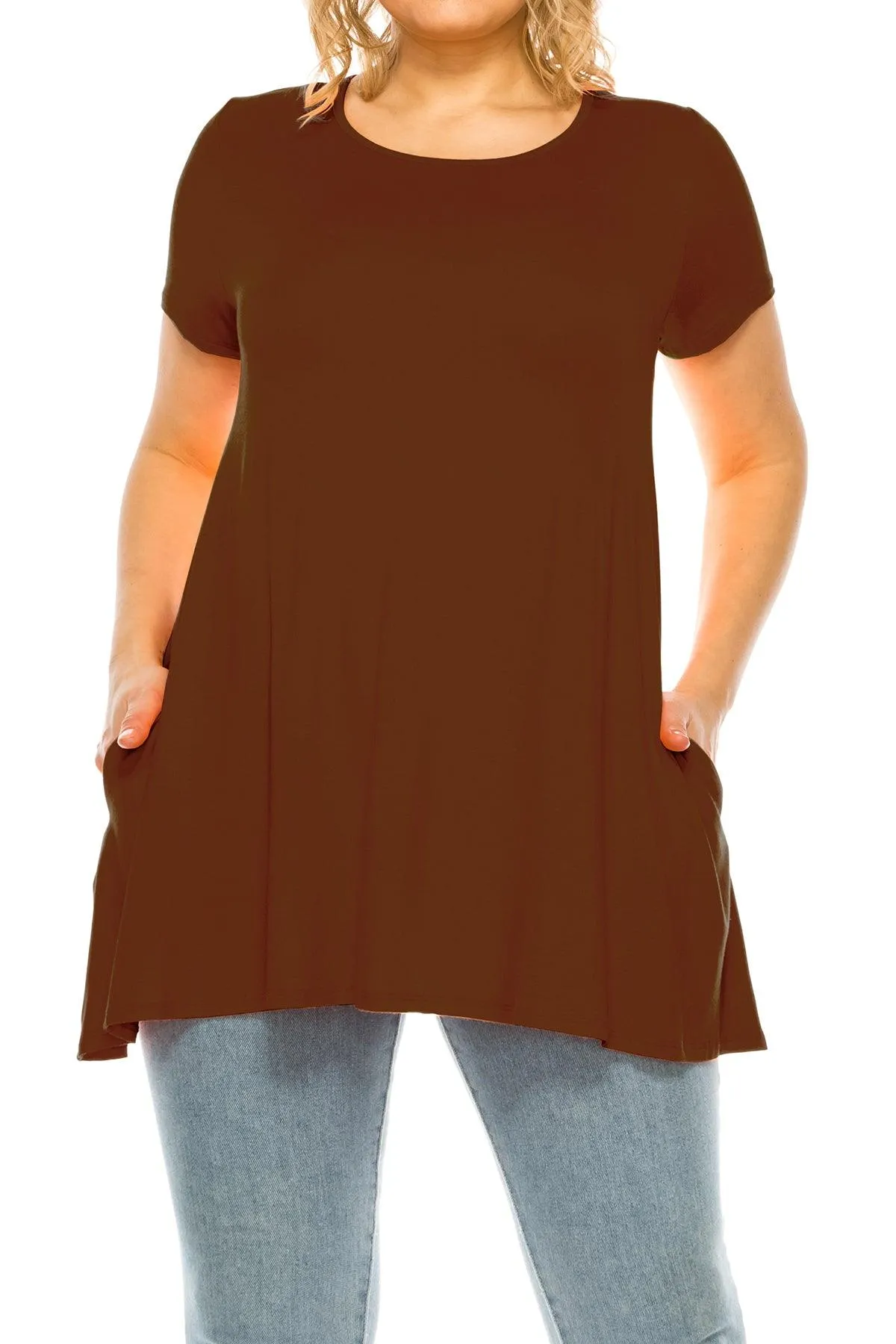 Women's Plus Size Casual Solid Short Sleeve Round Neck Tunic Tops with Side Pockets