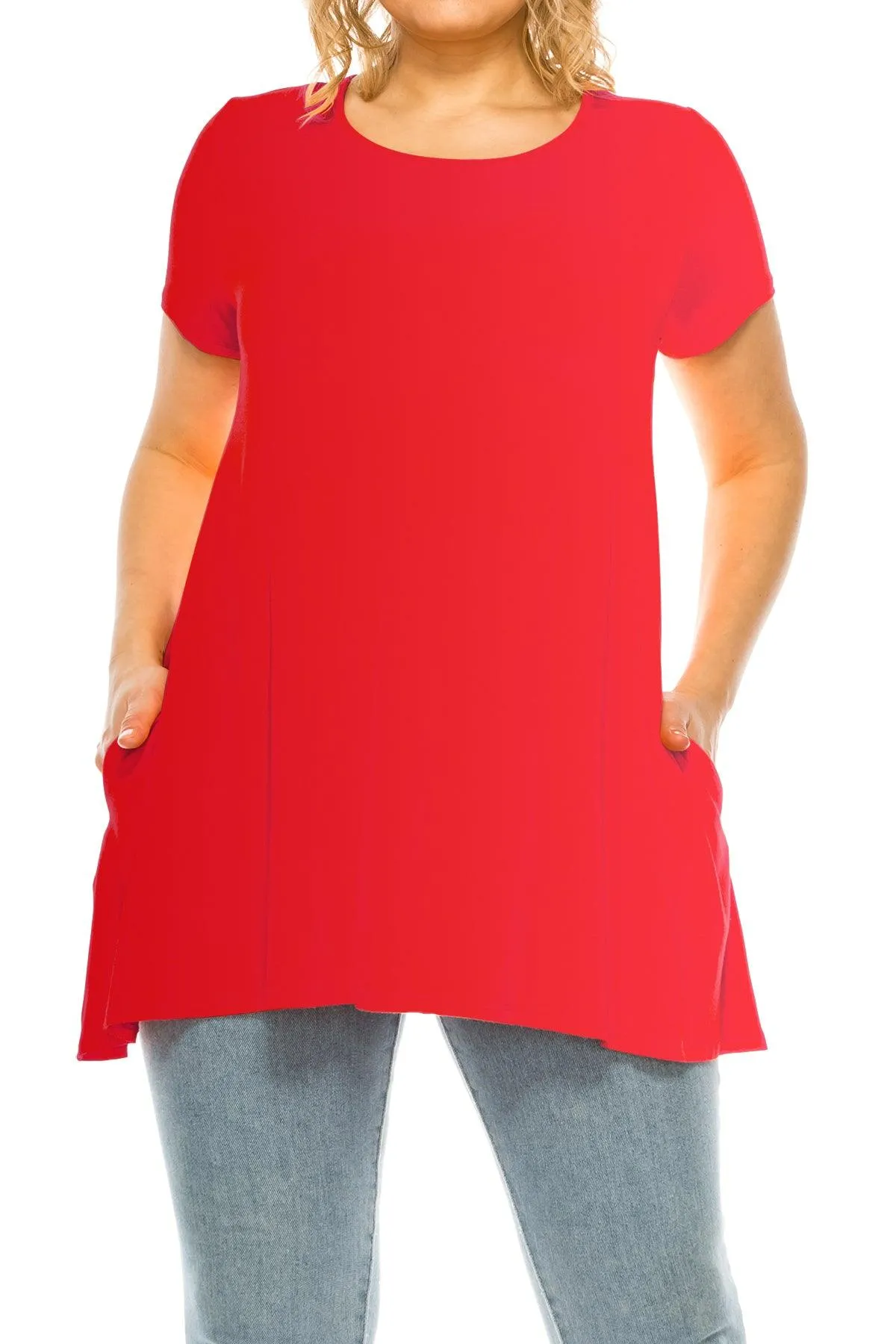 Women's Plus Size Casual Solid Short Sleeve Round Neck Tunic Tops with Side Pockets