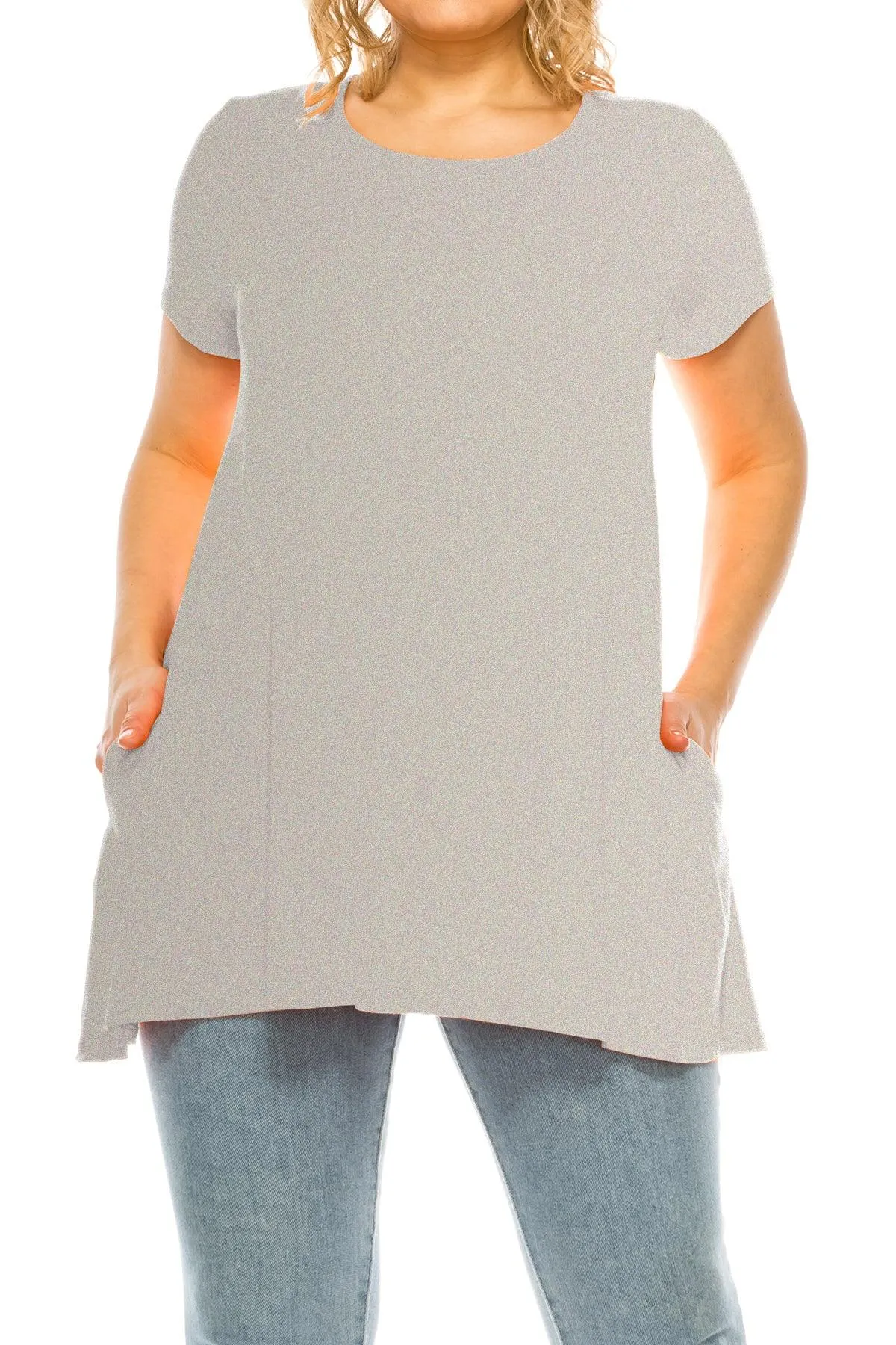 Women's Plus Size Casual Solid Short Sleeve Round Neck Tunic Tops with Side Pockets