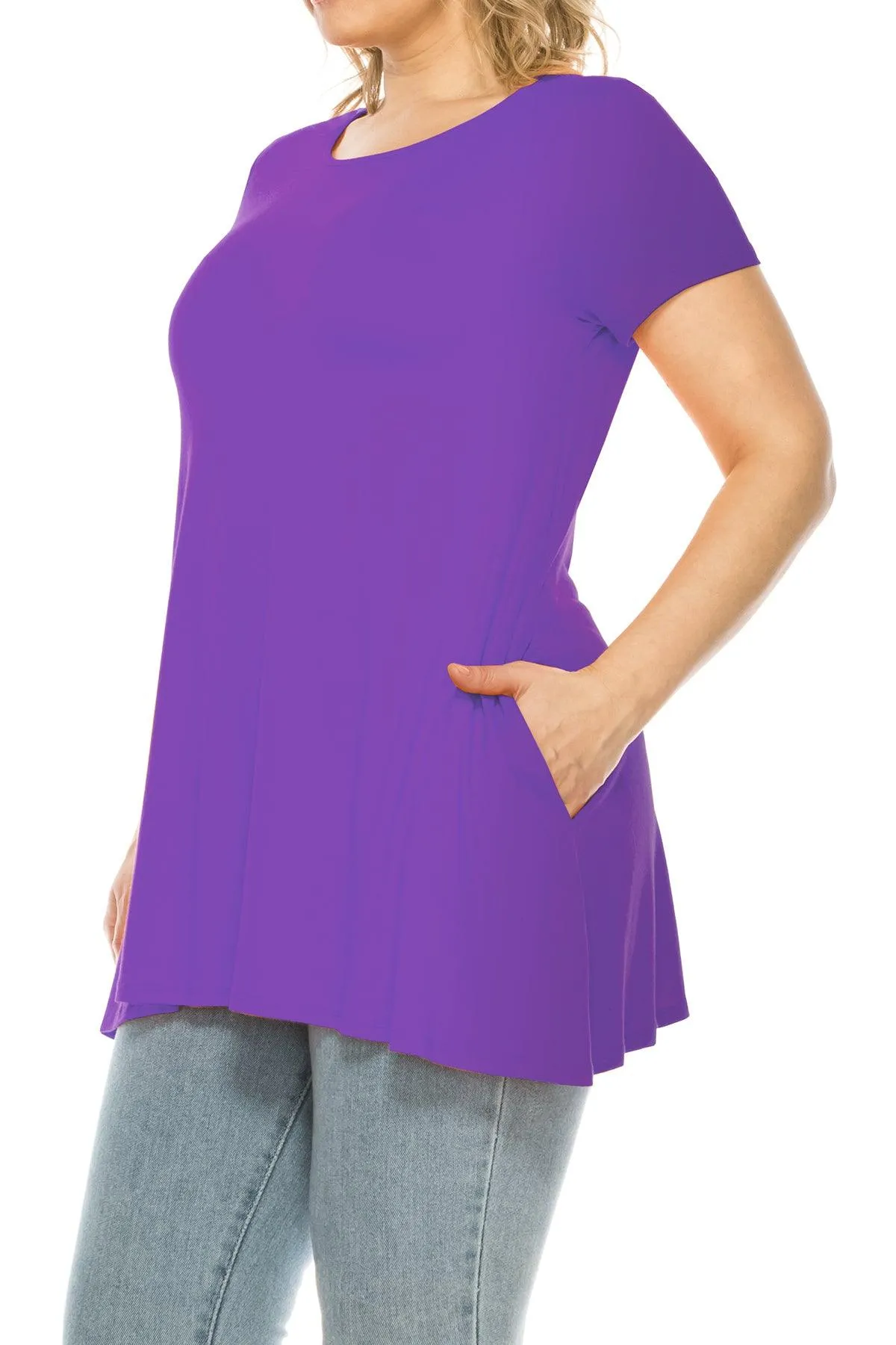 Women's Plus Size Casual Solid Short Sleeve Round Neck Tunic Tops with Side Pockets