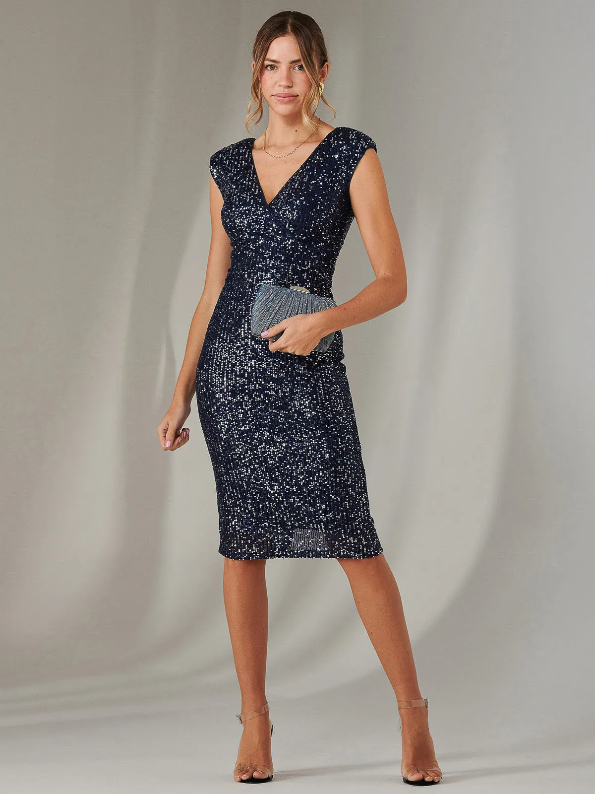 Wrap Bodice Sequin Midi Dress, Navy Silver