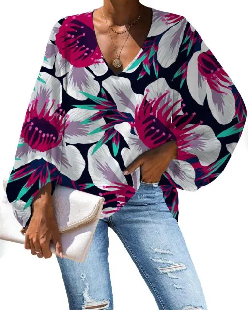 Yeknu Large Size Women Blouse Rose Pattern Flower Printing Casual Loose Long Sleeve Shirt Tops V-neck Female Clothing