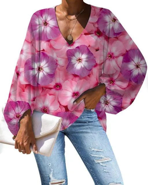 Yeknu Large Size Women Blouse Rose Pattern Flower Printing Casual Loose Long Sleeve Shirt Tops V-neck Female Clothing