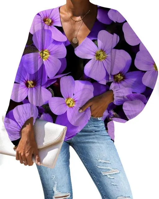 Yeknu Large Size Women Blouse Rose Pattern Flower Printing Casual Loose Long Sleeve Shirt Tops V-neck Female Clothing